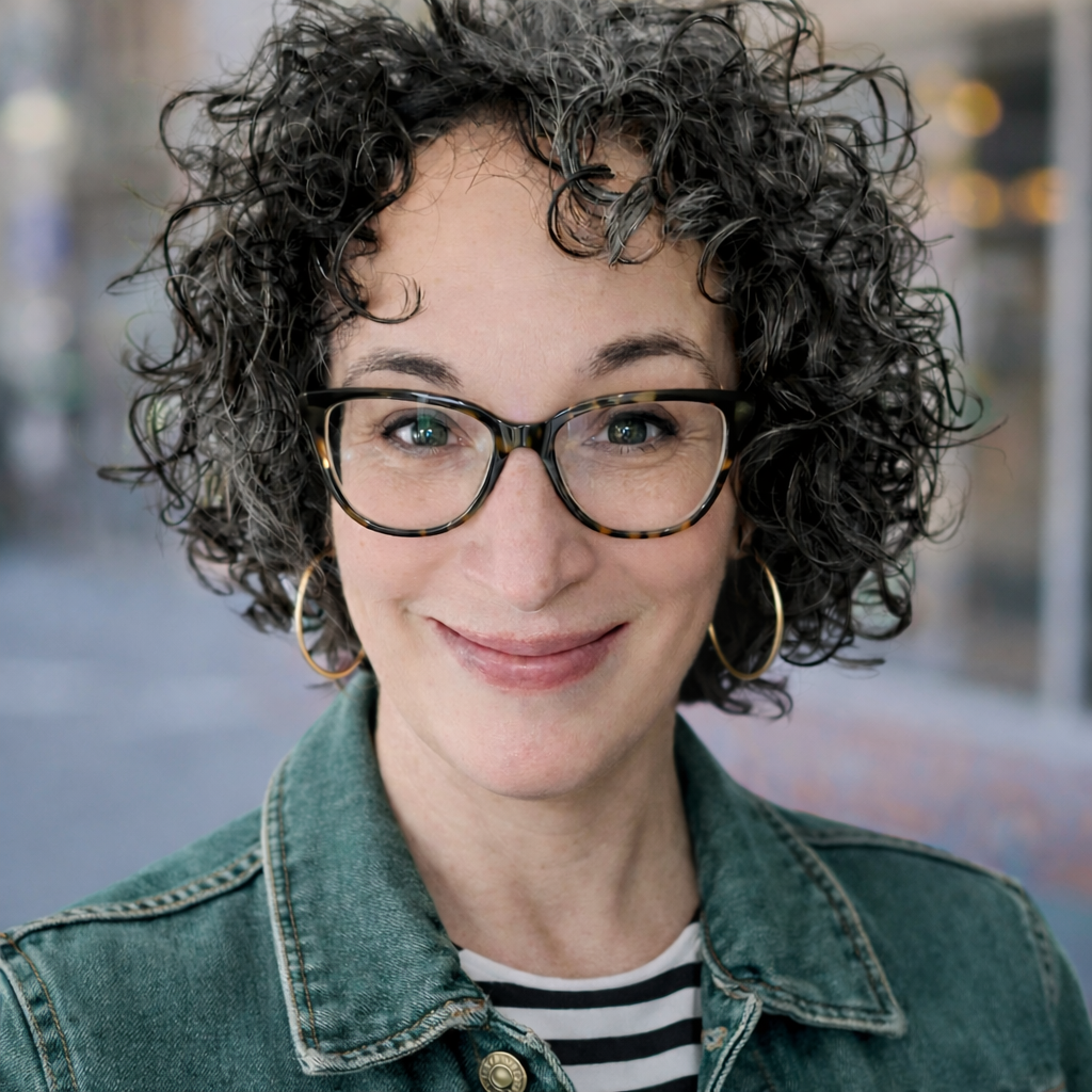 Person with short, curly dark hair wearing large hoop earrings, a green denim jacket, and a black-and-white striped shirt, standing outdoors with a blurred background.