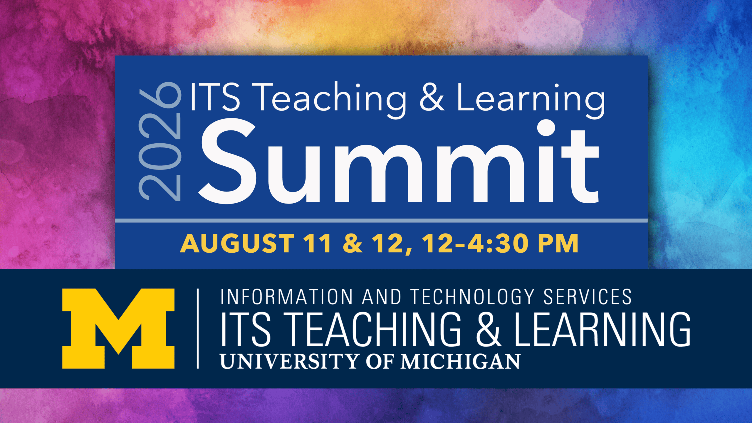 Graphic for T&L 2026 Summit with rainbow swirl background and text in blue box.
