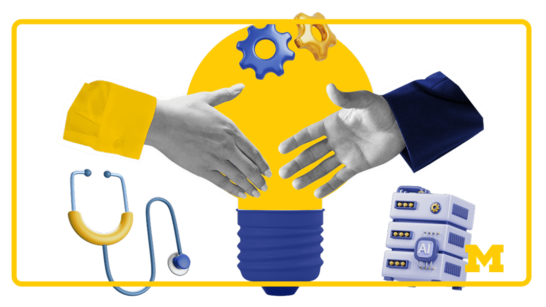 An AI generated image of a lightbulb, gears, a stethoscope and two hands about to shake.