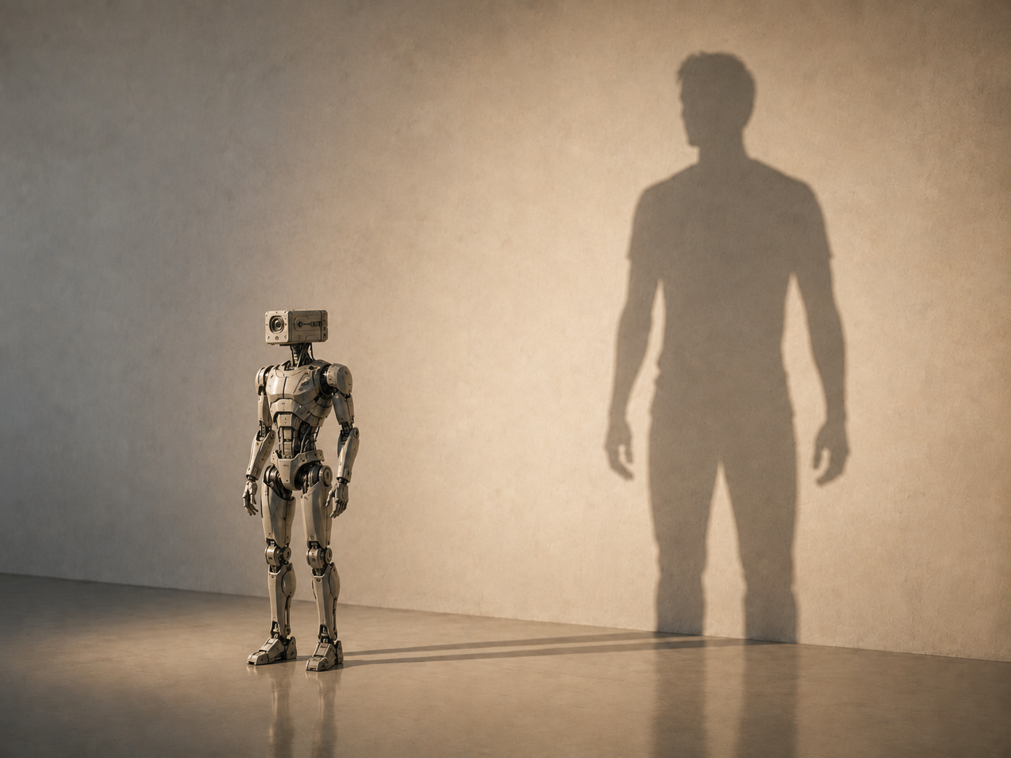 A robot stands before a light and the shadow cast is of a man.